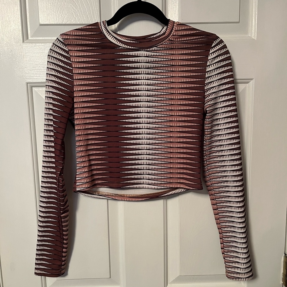 SHEIN Long Sleeve Fitted Geometric Print Crop Top Sz Lg Brown Polyester/Elastane